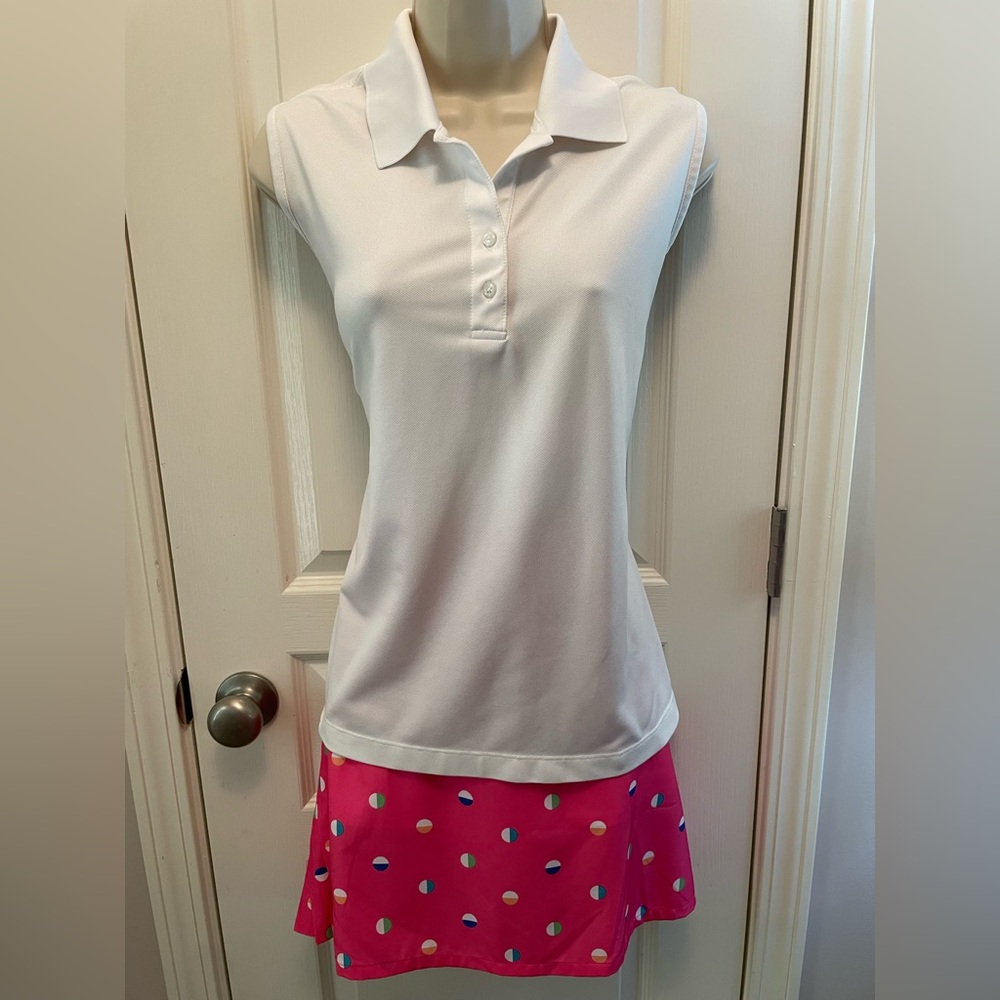 Greg Norman White Sleeveless Polo Shirt with Pink Crown & Ivy Golf Skort